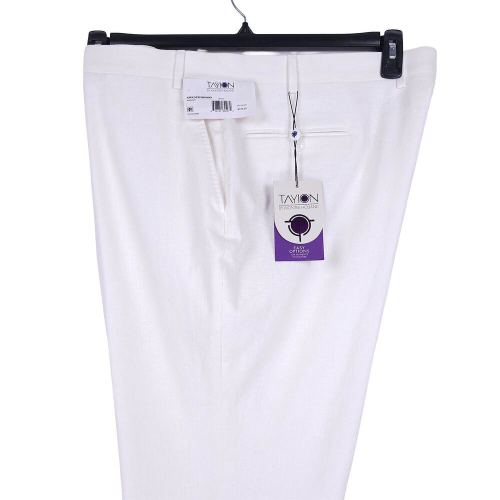 Tayion Mens Classic Fit Suit Pants 42x30 White Herringbone Linen Cotton *Defect*